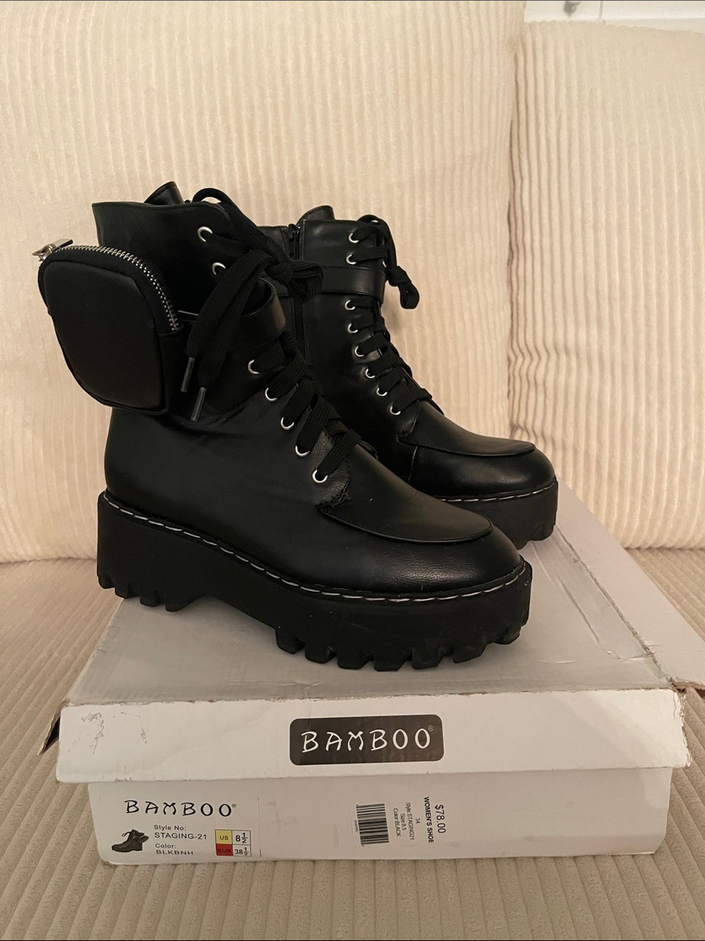 Bamboo Black Platform Lace-Up Combat Boots with Side Pocket